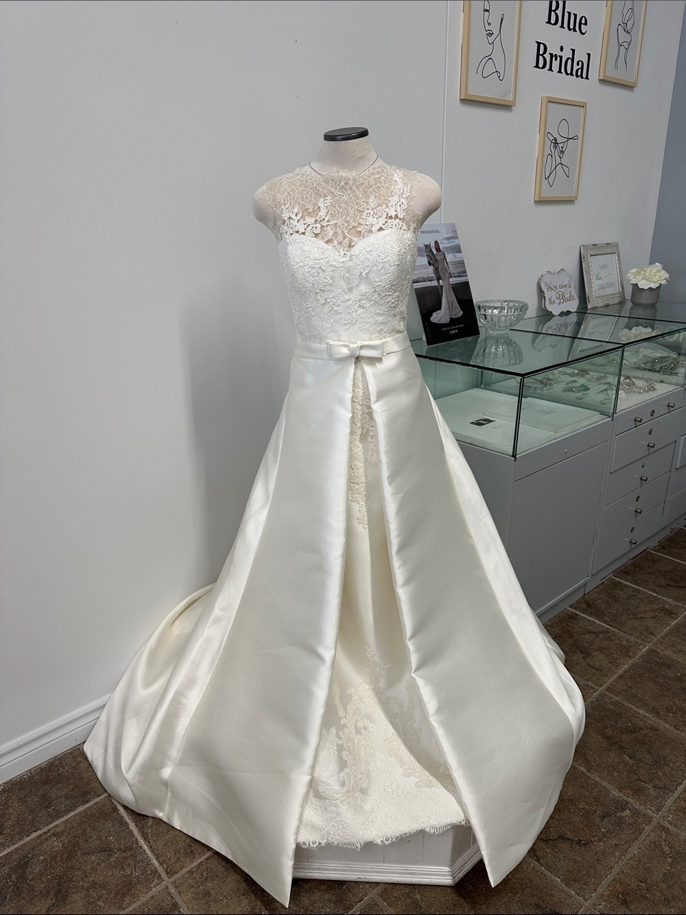 Ivory Lace & Satin A-Line Bridal Dress with Illusion Neckline